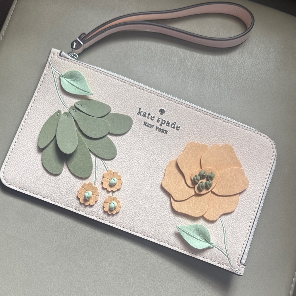 kate spade Blush Floral Appliqué Wristlet with Peach and Mint Details